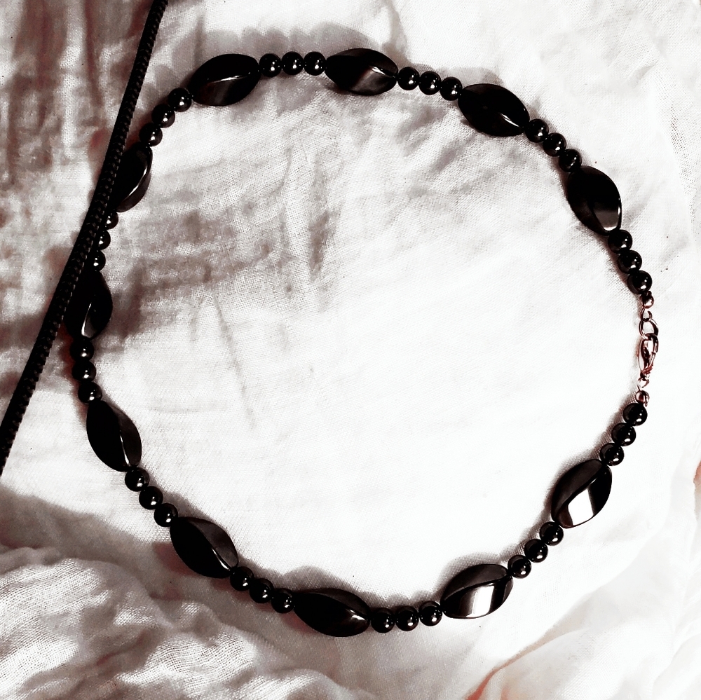 Vintage Hematite Steel Black Stones 18" Necklace